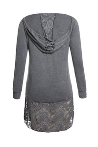 Cute Lace Trim Oversize Hoodie. Embroidered floral lace at the curved hem and hoodie makes this one of the prettiest pullovers we've seen. In tissue-weight jersey knit, with raglan sleeves in versatile color, it will be a best-loved this season.   Features   •Hooded shirt in casual oversize fit   •Delicate floral lace detailing the hood and hemline   •Made of soft quality jersey fabric, comfortable to wear  True to size/ roomy 