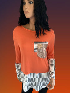 Sequined Pocket Splicing Long Sleeve Top