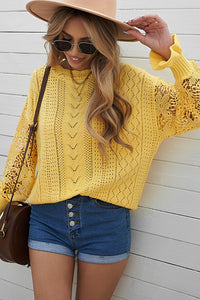 Yellow Lace Sleeve Pointelle Knit Sweater