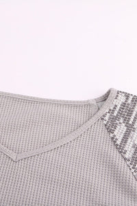 Gray Waffle Knit Sequined Short Sleeve Top