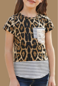 Girls Leopard Print Sequined Pocket Tee