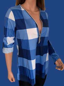 Blue Plaid Half Zip Long Sleeves Casual Shirt