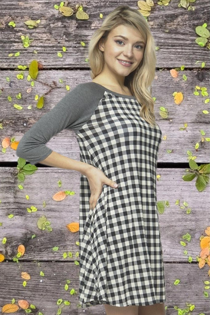 Black Gray Gingham Shift Dress With Pockets