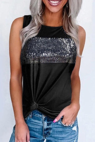 Black Sequined Block Sleeveless Knit Top