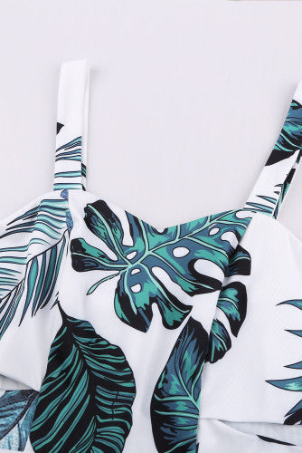 White Tropical Leaf Print Mini Dress
