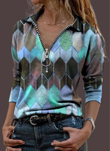 Geometrical Print Lapel Long Sleeve Top