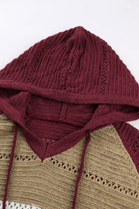 Deep Burgundy Color-block Hooded Knit Sweater
