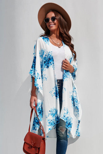 Blue Floral White Chiffon Kimono