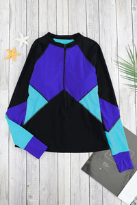 Blue Color Block Zip Up Rashguard Sports Top