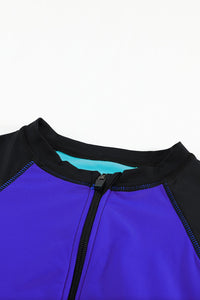 Blue Color Block Zip Up Rashguard Sports Top