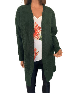 Dark Pine Cable Knit Open Front Cardigan Sweater