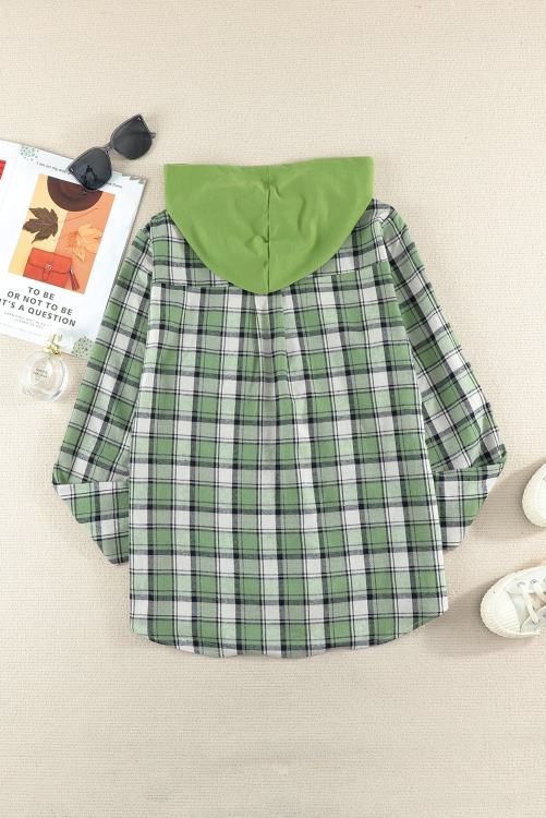 Green Grass Plaid Hooded Button Up Cotton Shirt