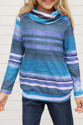 Girls Sky Blues Striped Cowl Neck Pullover w/Pockets