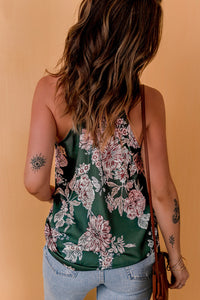 Dark Green Floral Print V-neck Spaghetti Strap Silky Tank