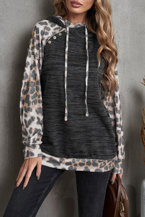 Gray Brushed Leopard Print Color Block Double Hooded Sweatshirt