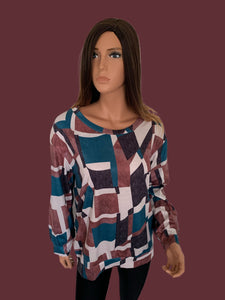 Brown and Teal Geometric Print Round Neck Shirt