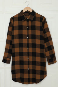 •This longline shirt coat is very figure flattering   •It can lay over any t-shirt or cami to create a trendy street style  •This plaid pattern is classic yet fashionable  •The elegant turn-down collar looks very formal and modest  •Nice   Runs according to size chart 