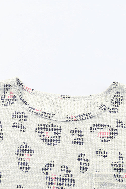 Beige Waffle Knit Pink Navy Leopard Print Tee