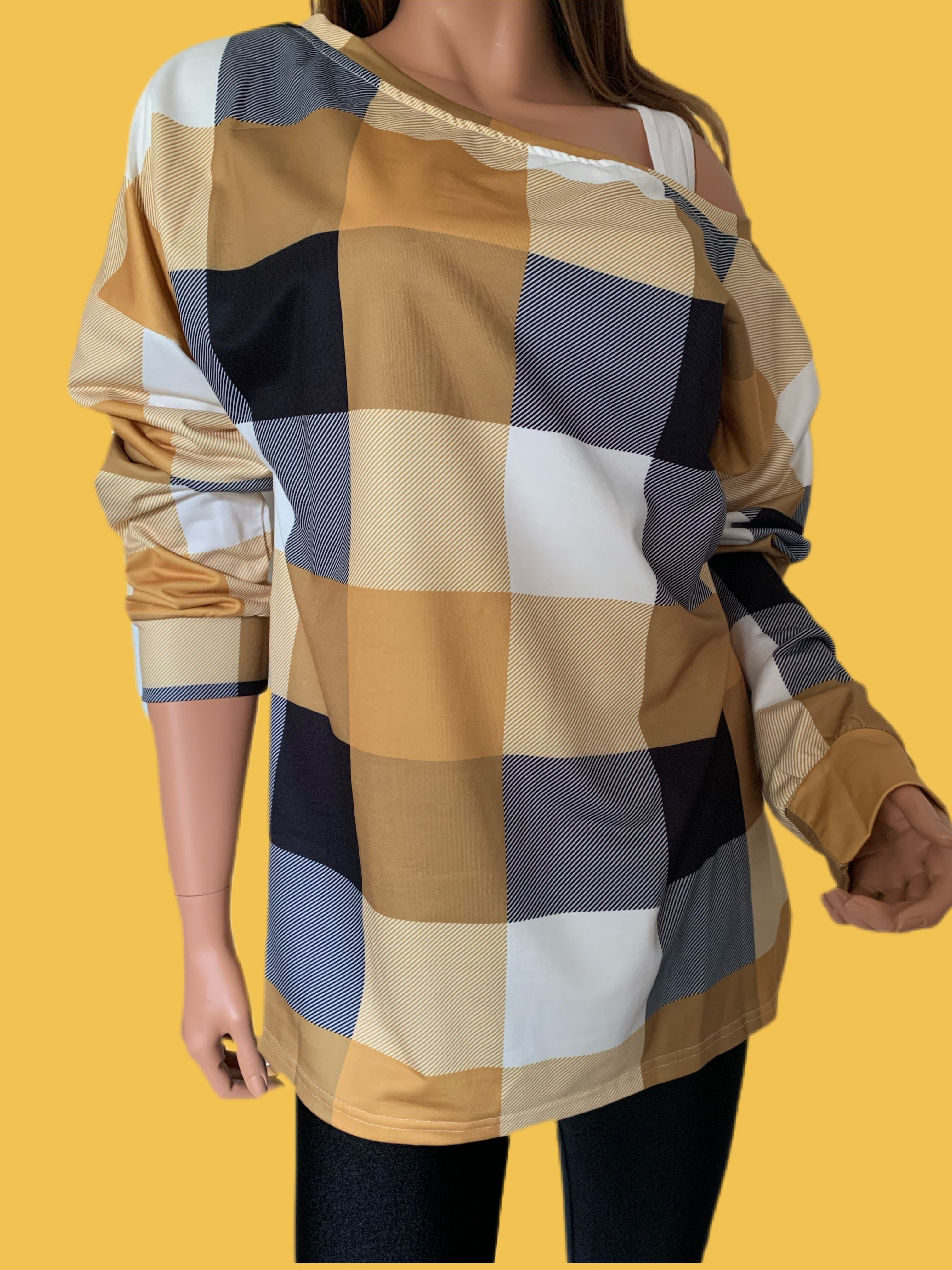 Harvest Gold Plaid Round Neck Long Sleeve Shirt
