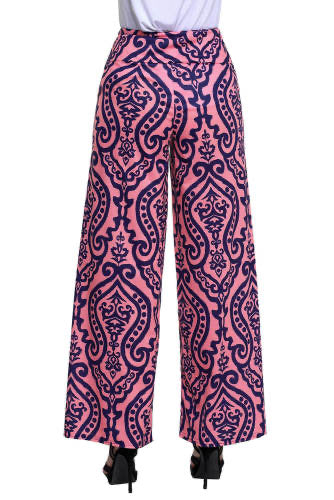 Palazzo pants style featuring allover print pattern, elastic wide waist band, comfortable fit finished with wide-leg design.