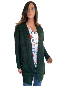 Dark Pine Cable Knit Open Front Cardigan Sweater