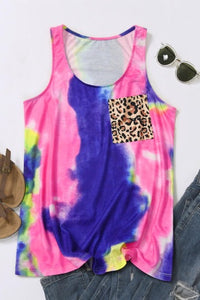 •These tie-dye tank tops are so adorable  •Leopard print patch pocket detail  •Pair with shorts or use as a coverup at the pool  •This will be for sure one of your new favorite tanks   
