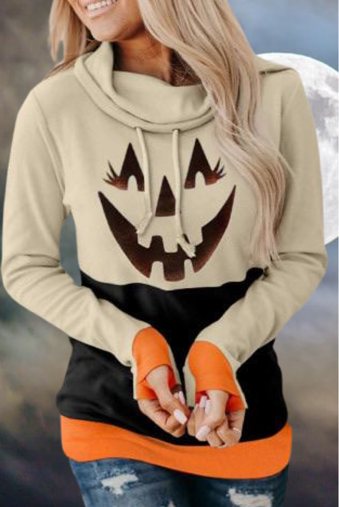 Cowl Neck Pumpkin Print Color Block Halloween Sweatshirt