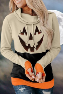 Cowl Neck Pumpkin Print Color Block Halloween Sweatshirt