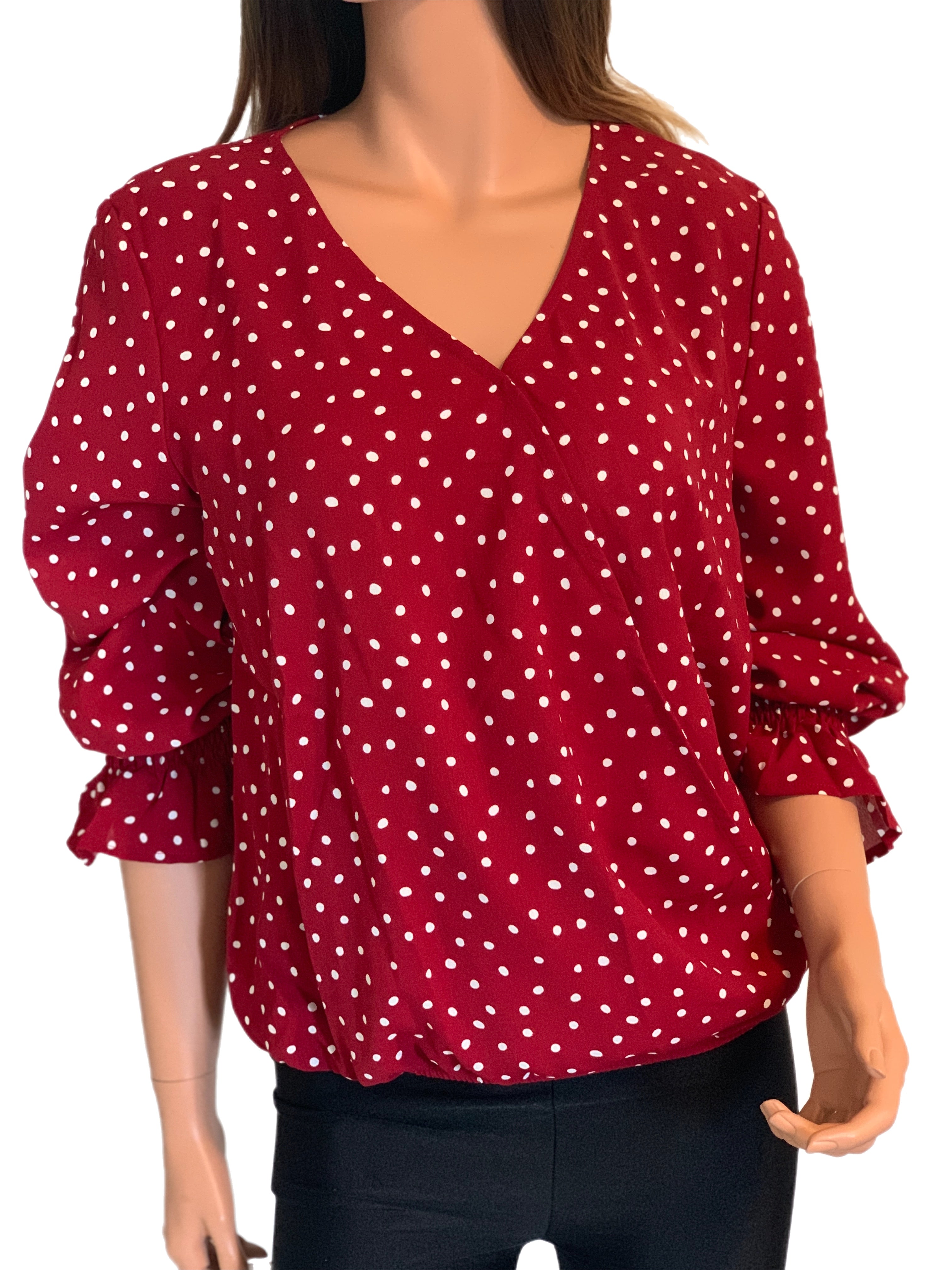 Paprika Polka Dot V-neck Ruffly Sleeve Blouse