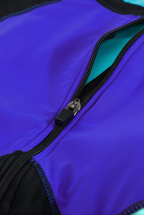 Blue Color Block Zip Up Rashguard Sports Top
