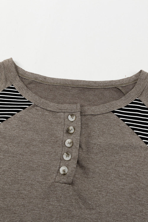 Brown Casual Striped Accent Crew Neck Henley Shirt