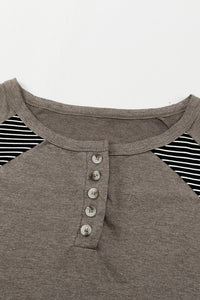 Brown Casual Striped Accent Crew Neck Henley Shirt