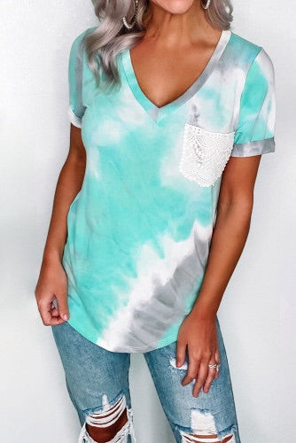 •Stylish tie-dye print   • V-neck, short sleeve and lace pocket  •Soft cotton knit blend , has some stretch  •Has cuffed sleeve  Super nice top, hangs freely and is roomy!  Runs larger!