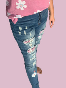 Rosy Pink Daisy Patches Stretch Denim Jeans