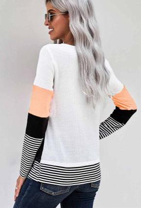 The epitome of fashionable elements  •Pullover style, long sleeve and is more fitted.  •Contrast color block and striped print splicing.  •Tunic rounded hem finished.  Runs more fitted for sizes. 