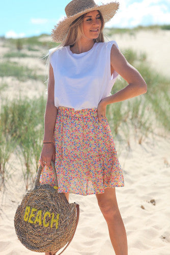 Yellow Red Blue Mini Floral Print Elastic Waist Tiered Skirt
