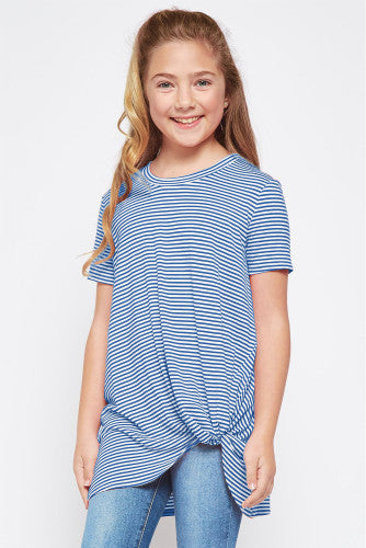 Girls Blue Striped Short Sleeve Front Twist Tunic Top