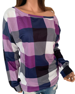 Purple Plaid Round Neck Long Sleeve Shirt