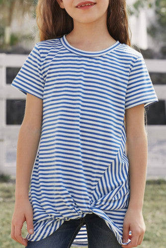 Girls Blue Striped Short Sleeve Front Twist Top