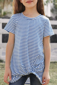 Girls Blue Striped Short Sleeve Front Twist Tunic Top