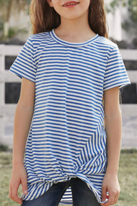 Girls Blue Striped Short Sleeve Front Twist Top