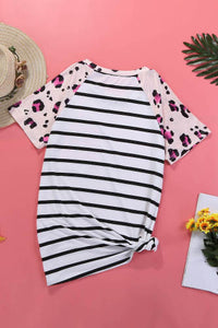 Pink Leopard Print Striped Color Block Silky Tee