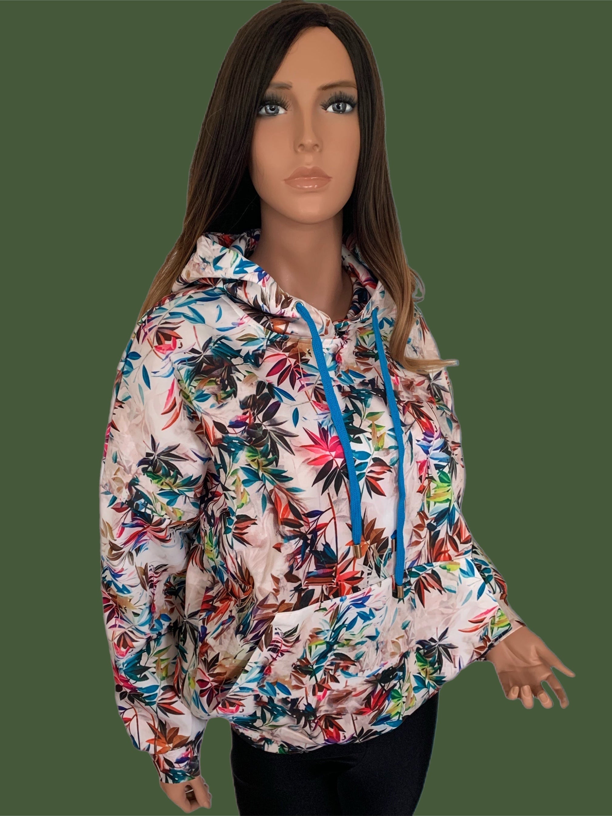 Colorful Plant Printed Cream Hooded Sweatshirt