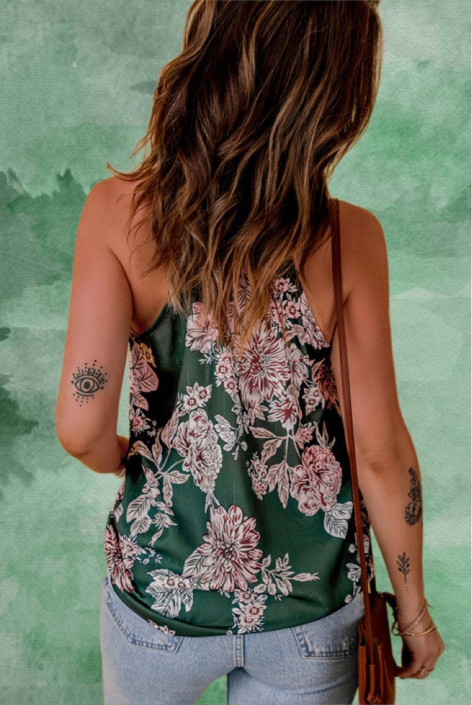 Dark Green Floral Print V-neck Spaghetti Strap Silky Tank