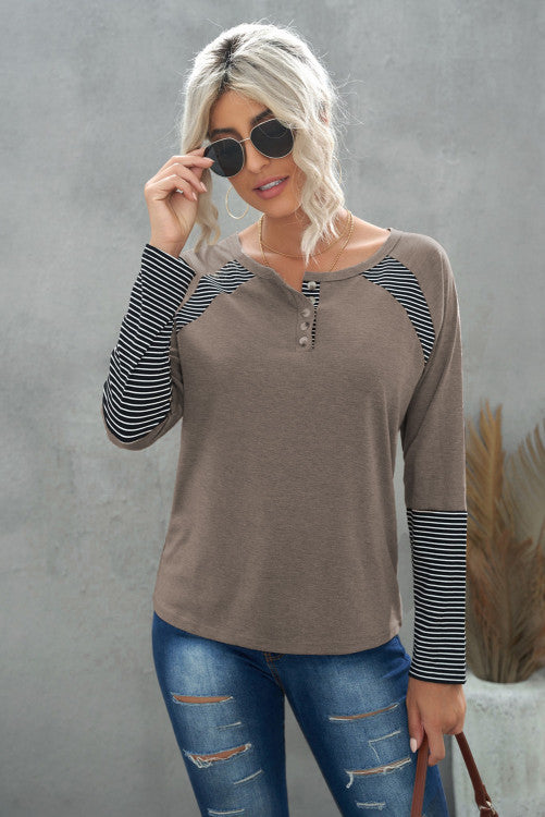 Brown Casual Striped Accent Crew Neck Henley Shirt