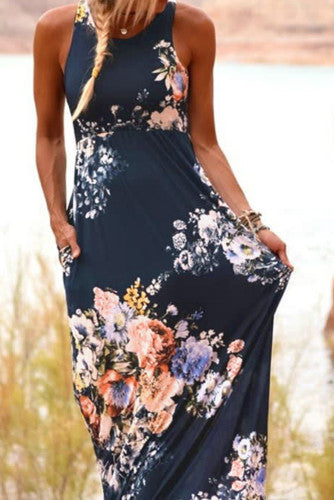 Navy Floral High Waist Maxi Dress