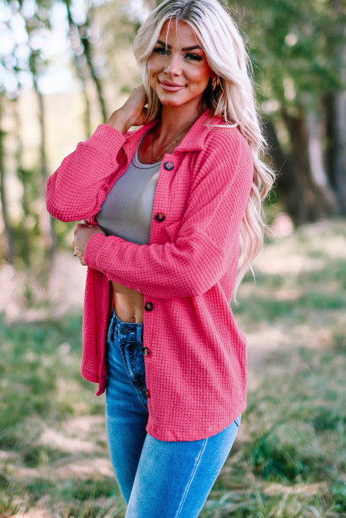 Bright Pink Waffle Knit Oversized Button Up Shirt