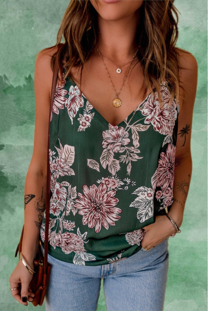 Dark Green Floral Print V-neck Spaghetti Strap Silky Tank