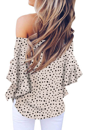 Cream Black Polka Dot Bell Sleeve Off Shoulder Front Tie Knot Top