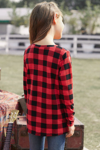 Girls Red Buffalo Plaid Knotted Long-sleeved Top